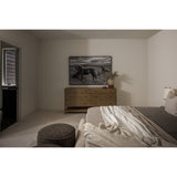 Simple yet refined, the Zuma Dune Ash 6 Drawer Dresser is a danish design-influenced dresser that is made from solid ash, with iron hardware finished in a sleek gunmetal. Stretcher-style shelving made from woven paper cord serves up a textural finishing touch. Six spacious drawers bring generous storage space to the bedroom. Amethyst Home provides interior design, new home construction design consulting, vintage area rugs, and lighting in the San Diego metro area.