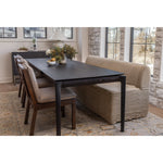 Featuring Wilmington Alcala Fawn Dining Chair by Four Hands at Amethyst Home. An Amethyst fave -- the Wilmington dining chair has a gorgeous coffee colored textile paired with medium toned wood and interesting leather buckles on the back -- we tied in the gold buckles with the gold chandelier above!  Inspired by the folded pillow form, the seat and back. Amethyst Home provides interior design, new home construction design consulting, vintage area rugs, and lighting in the Newport Beach metro area.