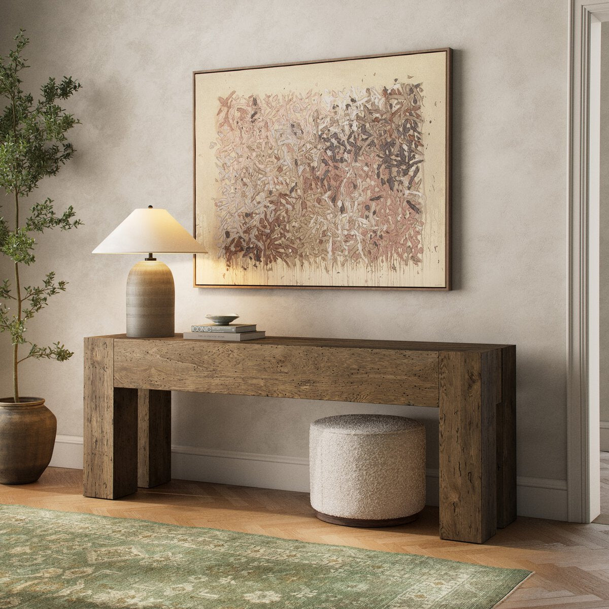 Made from thick-cut oak veneer with a faux rustic finish made to emulate wormwood, this Abaso Rustic Wormwood Oak Console Table features chunky squared legs and dovetail joinery detailing. Amethyst Home provides interior design, new home construction design consulting, vintage area rugs, and lighting in the San Diego metro area.