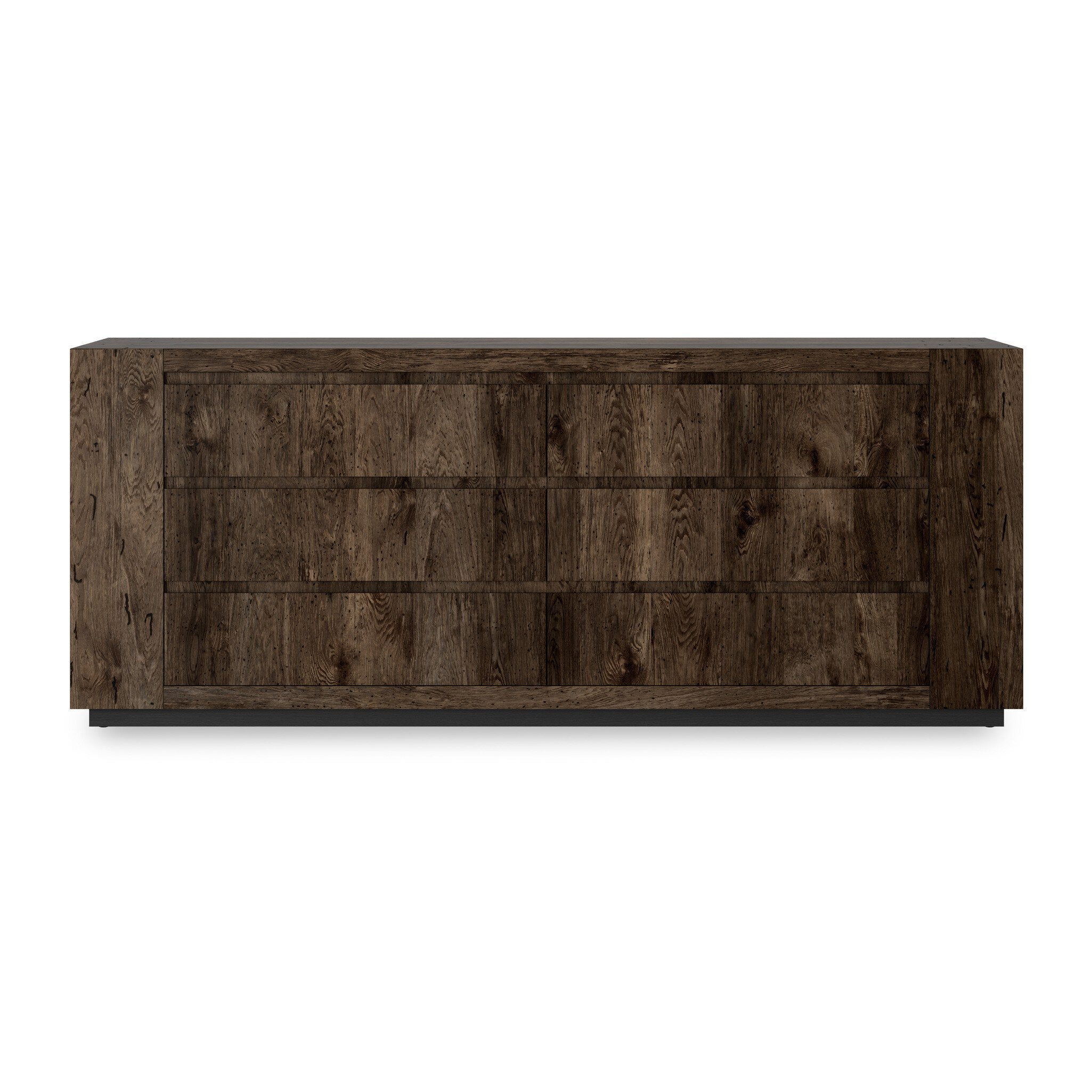 Featuring Abaso Ebony Rustic Wormwood Oak 6-Drawer Dresser by Four Hands at Amethyst Home. Made from thick-cut oak veneer with a faux rustic finish made to emulate wormwood, this six-drawer dresser features chunky squared legs and dovetail joinery detailing.Overall Dimensions: 80.00"w x 20.00"d x 32.00"hWeight : 304.01 lbsMaterials : Thick Oak Veneer, Engineered Hardwood. Amethyst Home provides interior design, new construction, custom furniture, and area rugs in the Austin metro area