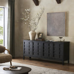 Featuring Alessio Smoked Black Sideboard by Four Hands at Amethyst Home. A smoked black finish plays up natural wood grain, while grid-like patterned doors bring dimension to clean lines. Interior shelving awaits storage of serveware, table linens and more.Overall Dimensions: 82.00"w x 20.00"d x 34.75"hWeight : 203.93 lbsMaterials : Solid Oak, Thick Oak Veneer. Amethyst Home provides interior design, new construction, custom furniture, and area rugs in the Omaha metro area