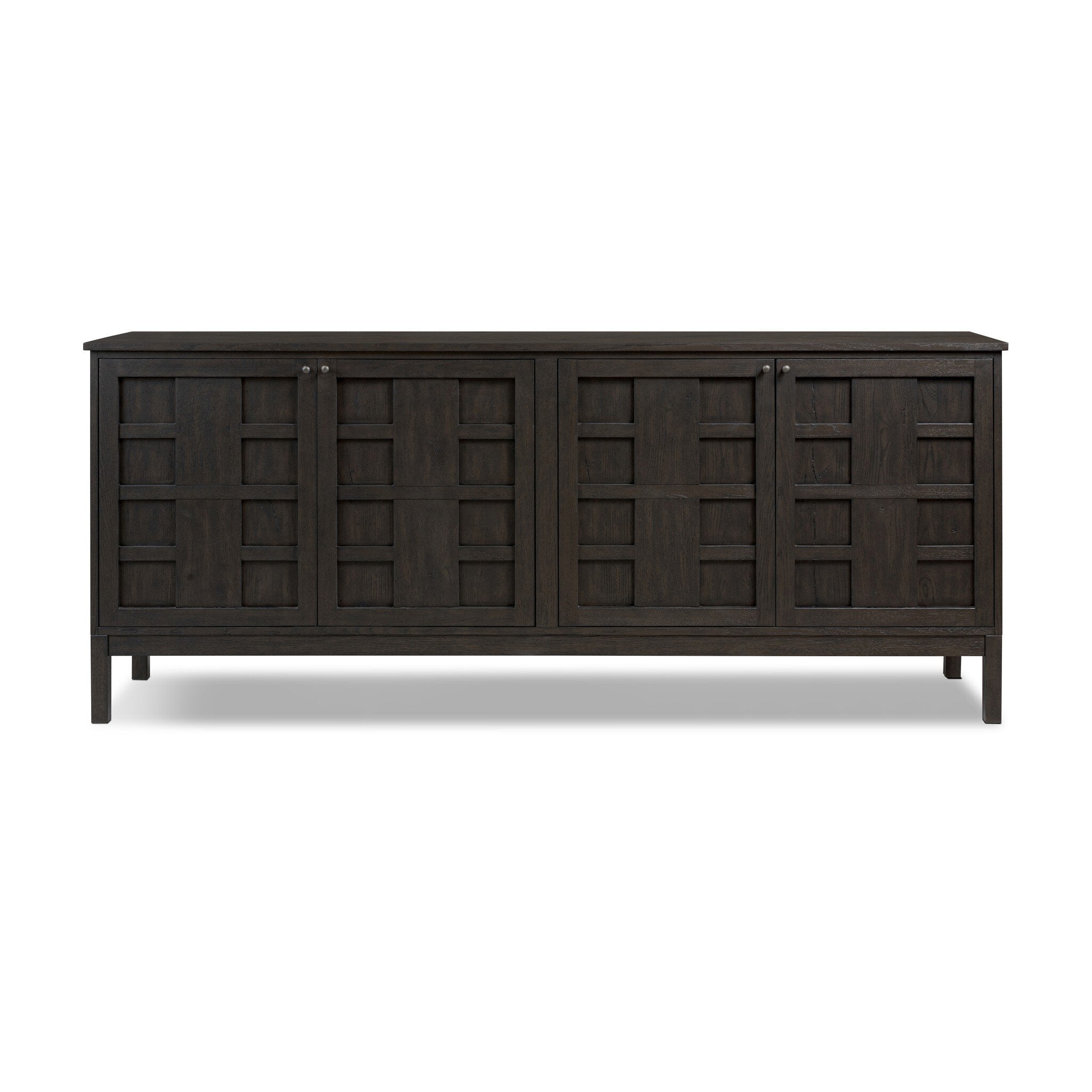 Featuring Alessio Smoked Black Sideboard by Four Hands at Amethyst Home. A smoked black finish plays up natural wood grain, while grid-like patterned doors bring dimension to clean lines. Interior shelving awaits storage of serveware, table linens and more.Overall Dimensions: 82.00"w x 20.00"d x 34.75"hWeight : 203.93 lbsMaterials : Solid Oak, Thick Oak Veneer. Amethyst Home provides interior design, new construction, custom furniture, and area rugs in the Park City metro area