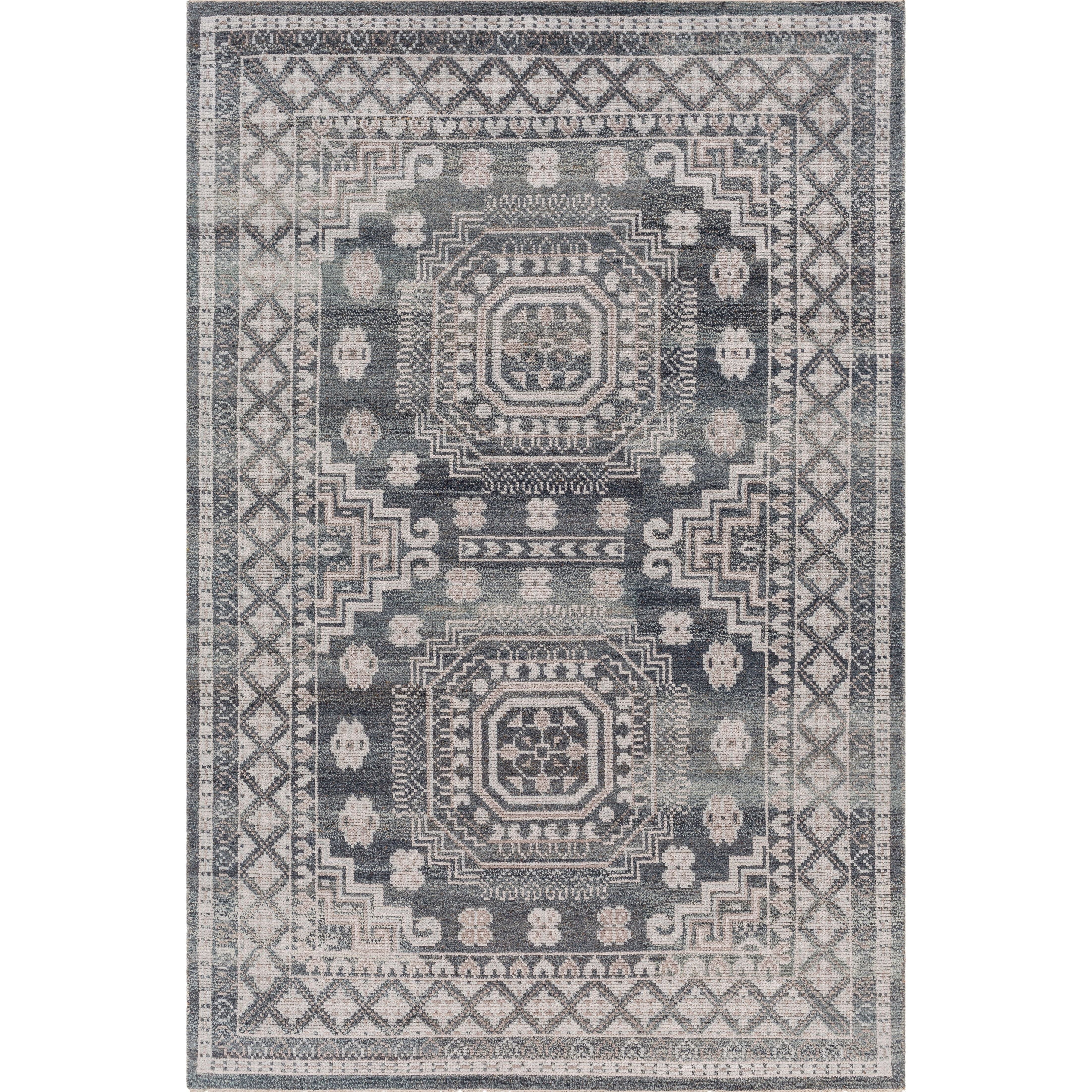 Featuring Almeria Charcoal Hand-Knotted Rug by Surya at Amethyst Home. The Almeria Rug Collection showcases traditional inspired designs that exemplify timeless styles of elegance, comfort, and sophistication. With their hand knotted construction, these rugs provide a durability that can not be found in other handmade constructions, and boasts the abi.  Amethyst Home provides interior design, new home construction design consulting, vintage area rugs, and lighting in the Salt Lake City metro area.