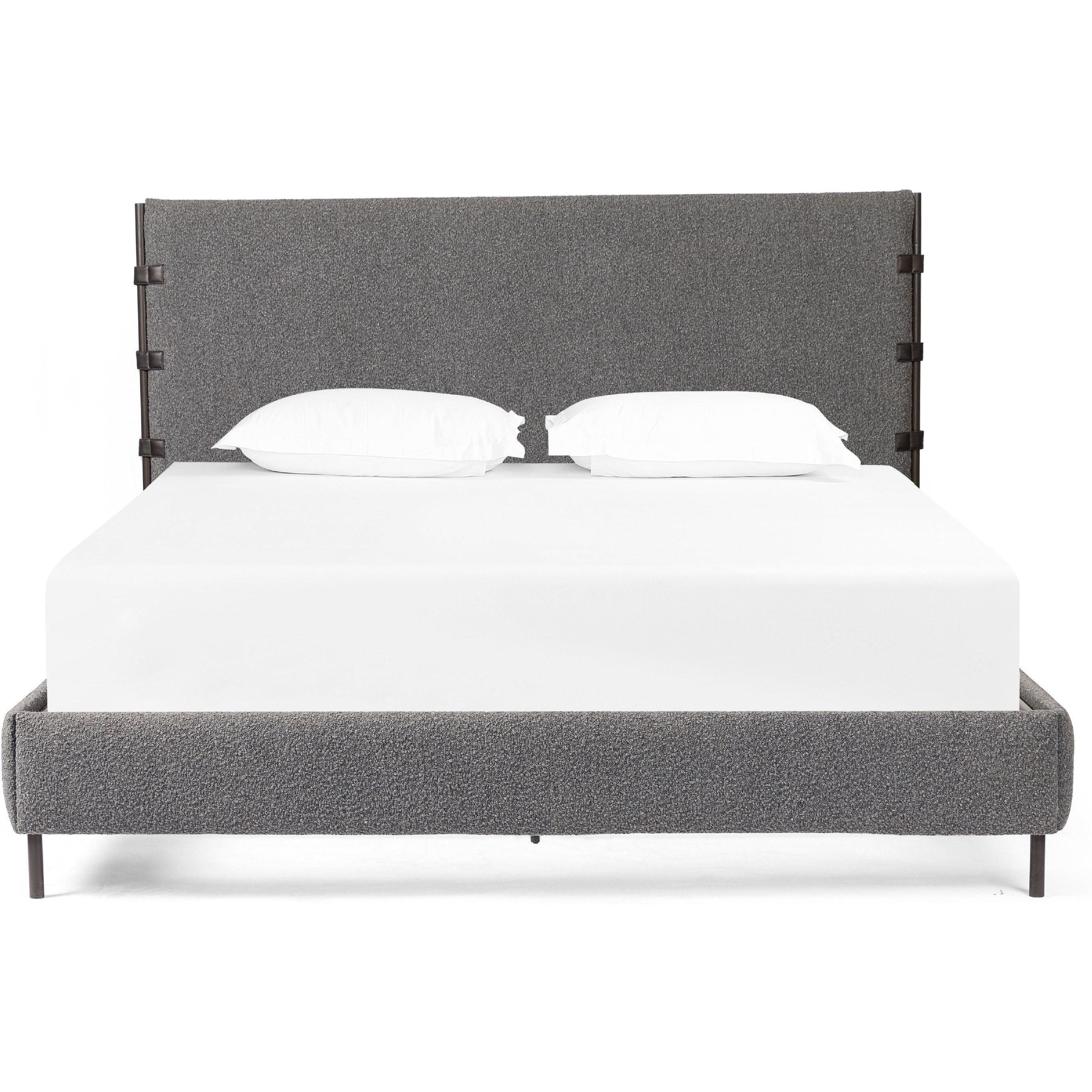 Featuring Anderson Knoll Charcoal Bed by Four Hands at Amethyst Home. Bring texture into play. Upholstered in a performance fabric in a grey boucle for Knoll Charcoal, with decorative leather straps adding a material-driven touch with contrast. Standard box spring required.
Sizes:
King : 81.50"W x 85"L x 55"HInterior dimensions for a  king mattress: 76.75" x 80.75" x 2"
Queen : 65.75"W x 85. Amethyst Home provides interior design services, furniture, rugs, and lighting in the Charlotte metro area.
