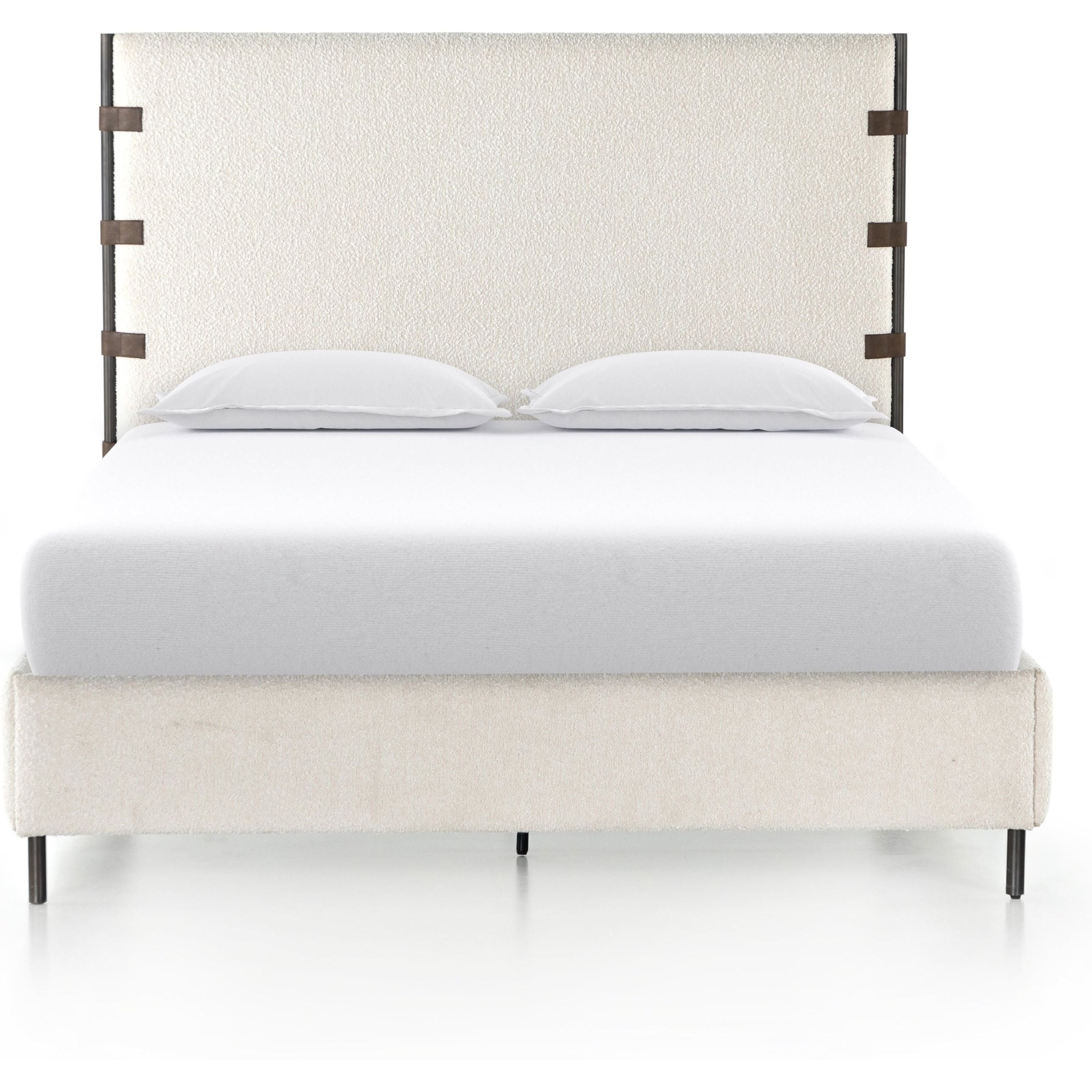 Featuring Anderson Knoll Natural Bed by Four Hands at Amethyst Home. Bring texture into play. Upholstered in a performance fabric in a classic cream-colored boucle for Knoll Natural with decorative leather straps adding a material-driven touch with contrast. Standard box spring required.
Sizes:
King : 81.50"W x 85"L x 55"HInterior dimensions for a  king mattress: 76.75" x 80.75" x 2"
Queen : 65. Amethyst Home provides interior design services, furniture, rugs, and lighting in the Omaha metro area.