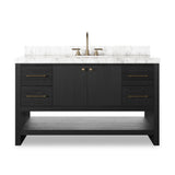 Featuring Anthem Black Wash Oak Veneer Single Wide Vanity by Four Hands at Amethyst Home. Set the tone for a calming, peaceful space with this simple, yet spacious design. Crafted with a wire-brushed, thick oak veneer base in a black wash finish for added character, a Carrera marble top and solid brass hardware. A mix of drawers, cabinets and open shelving offers a variety of storage. Amethyst Home provides interior design, new construction, custom furniture, and area rugs in the Austin metro area