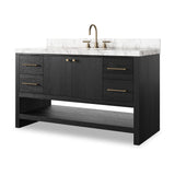 Featuring Anthem Black Wash Oak Veneer Single Wide Vanity by Four Hands at Amethyst Home. Set the tone for a calming, peaceful space with this simple, yet spacious design. Crafted with a wire-brushed, thick oak veneer base in a black wash finish for added character, a Carrera marble top and solid brass hardware. A mix of drawers, cabinets and open shelving offers a variety of storage. Amethyst Home provides interior design, new construction, custom furniture, and area rugs in the Dallas metro area