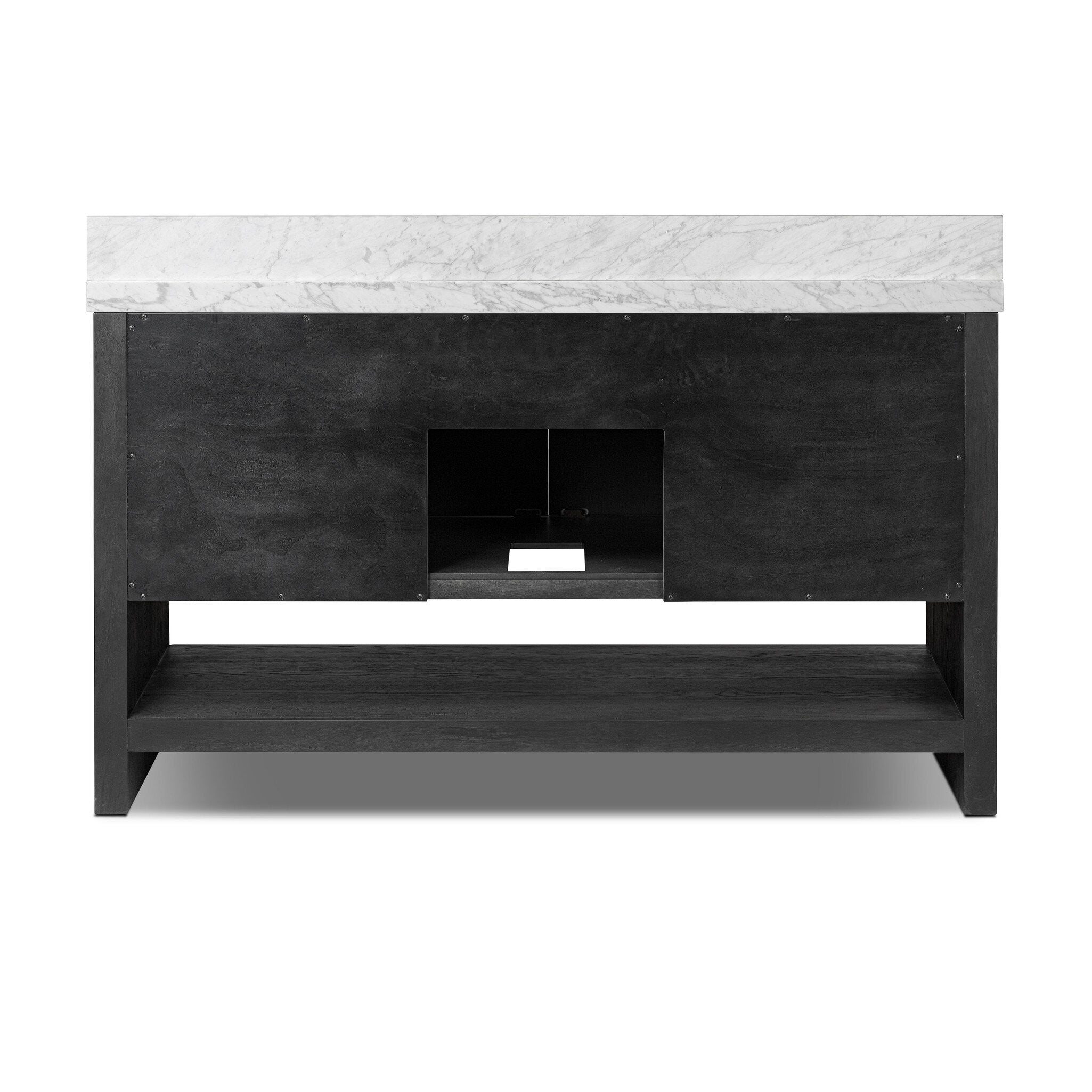 Featuring Anthem Black Wash Oak Veneer Single Wide Vanity by Four Hands at Amethyst Home. Set the tone for a calming, peaceful space with this simple, yet spacious design. Crafted with a wire-brushed, thick oak veneer base in a black wash finish for added character, a Carrera marble top and solid brass hardware. A mix of drawers, cabinets and open shelving offers a variety of stora. Amethyst Home provides interior design, new construction, custom furniture, and area rugs in the Portland metro area