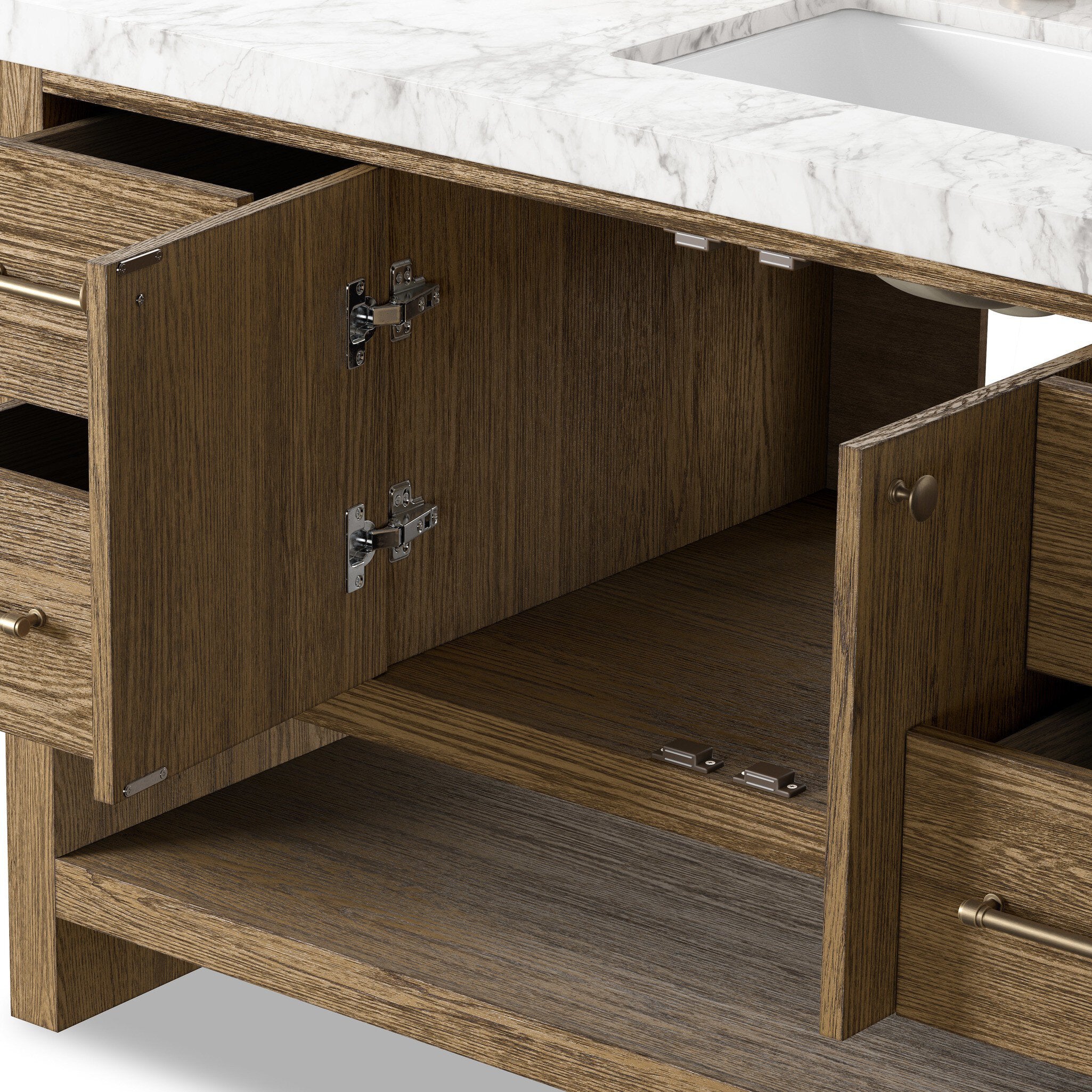 Featuring Anthem Washed Natural Veneer Single Wide Vanity by Four Hands at Amethyst Home. Set the tone for a calming, peaceful space with this simple, yet spacious design. Crafted with a wire-brushed, thick oak veneer base in a natural finish for added character, a Carrera marble top and solid brass hardware. A mix of drawers, cabinets and open shelving offers a variety of storage an. Amethyst Home provides interior design, new construction, custom furniture, and area rugs in the Boston metro area