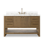 Featuring Anthem Washed Natural Veneer Single Wide Vanity by Four Hands at Amethyst Home. Set the tone for a calming, peaceful space with this simple, yet spacious design. Crafted with a wire-brushed, thick oak veneer base in a natural finish for added character, a Carrera marble top and solid brass hardware. A mix of drawers, cabinets and open shelving offers a variety of stor. Amethyst Home provides interior design, new construction, custom furniture, and area rugs in the Laguna Beach metro area