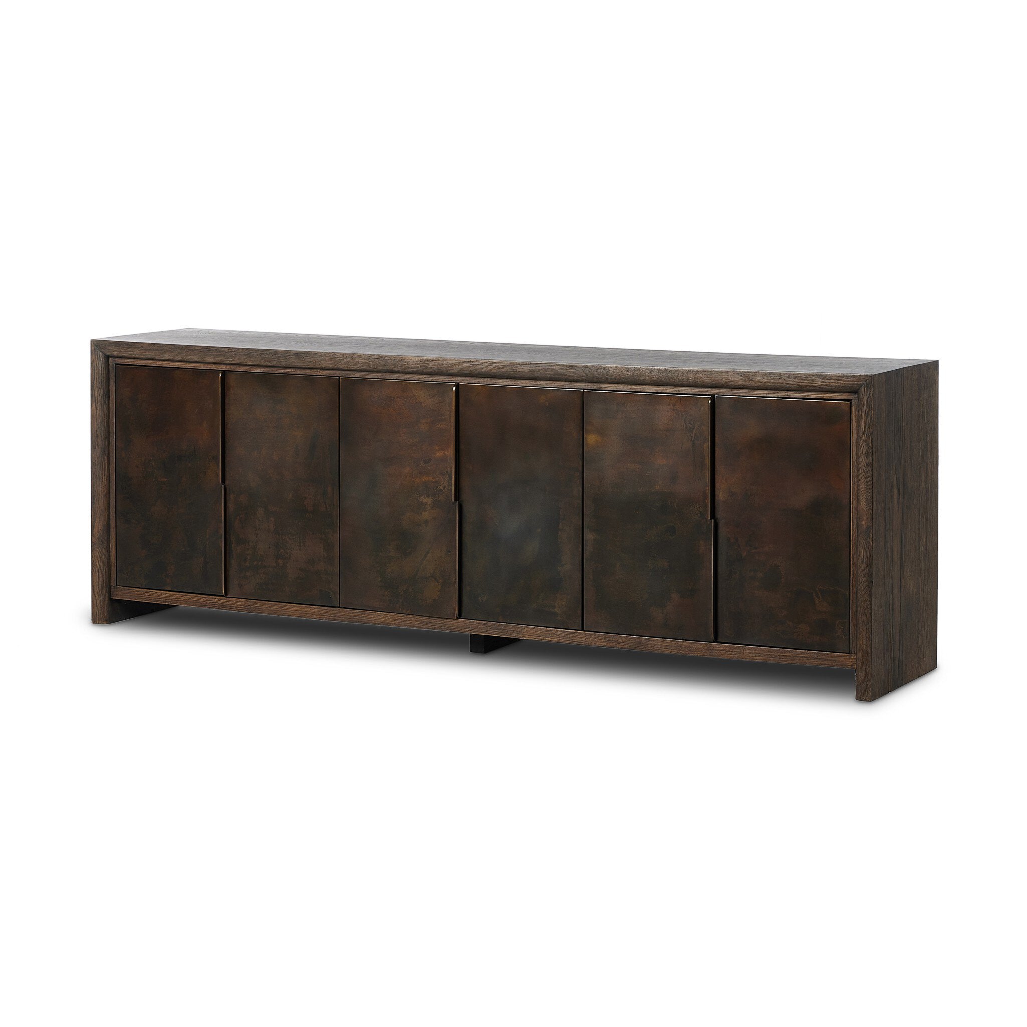Featuring Arlington Espresso Oak 6 Door Sideboard by Four Hands at Amethyst Home. Espresso-finished oak casing pairs with six coffee-colored iron door fronts, for an intriguing material mix. With bullnose waterfall framing and offset metal hardware, this spacious sideboard offers an elevated industrial look. Three rear cutouts for cord management.Overall Dimensions: 96.00"w x 20.. Amethyst Home provides interior design, new construction, custom furniture, and area rugs in the Alpharetta metro area