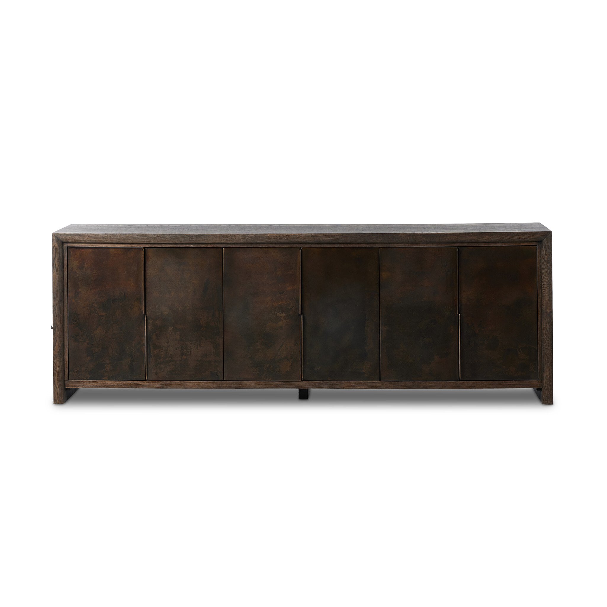 Featuring Arlington Espresso Oak 6 Door Sideboard by Four Hands at Amethyst Home. Espresso-finished oak casing pairs with six coffee-colored iron door fronts, for an intriguing material mix. With bullnose waterfall framing and offset metal hardware, this spacious sideboard offers an elevated industrial look. Three rear cutouts for cord management.Overall Dimensions: 96.00"w x . Amethyst Home provides interior design, new construction, custom furniture, and area rugs in the Newport Beach metro area