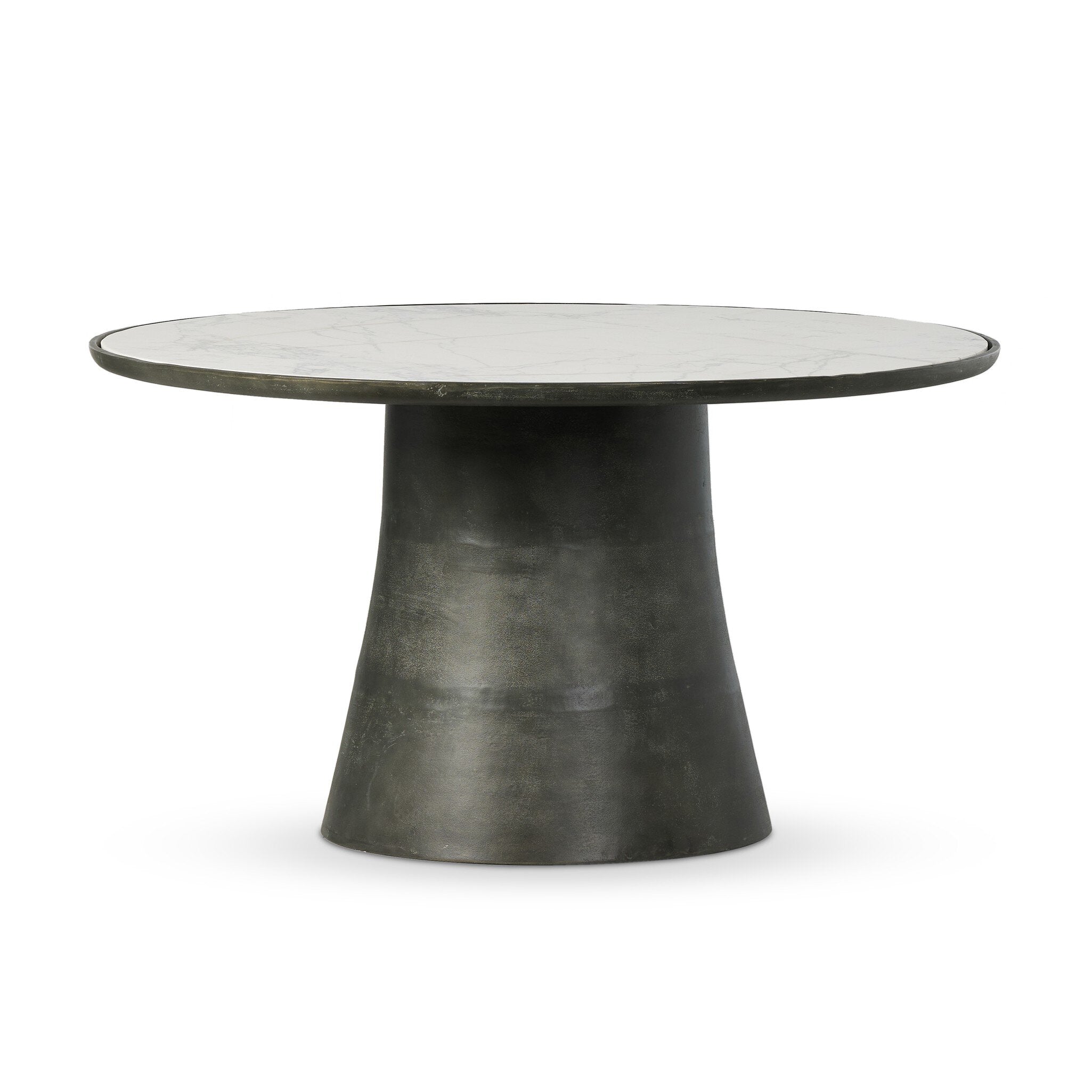 Featuring Balboa Veined White Marble Outdoor Dining Table 55" by Four Hands at Amethyst Home. A tulip base of grey-finished aluminum supports a rounded inset tabletop of white marble, with beautiful natural veining. Cover or store indoors during inclement weather and when not in use.Overall Dimensions: 55.00"w x 55.00"d x 30.25"hWeight : 283.60 lbsMaterials : Solid Marble, Alumin. Amethyst Home provides interior design, new construction, custom furniture, and area rugs in the Scottsdale metro area