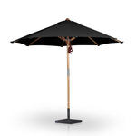 Featuring Baska Arashi Black Outdoor Round Umbrella by Four Hands at Amethyst Home. Inspired by the packable nature of 1800s campaign-style pieces, this outdoor umbrella features a teak pole and black canopy operated by a pulley system. Leather detailing and a woven rope cord offer subtle yet sophisticated finishes. Base sold separately. Cover or store indoors during inclement we. Amethyst Home provides interior design, new construction, custom furniture, and area rugs in the Alpharetta metro area
