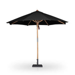 Featuring Baska Arashi Black Outdoor Round Umbrella by Four Hands at Amethyst Home. Inspired by the packable nature of 1800s campaign-style pieces, this outdoor umbrella features a teak pole and black canopy operated by a pulley system. Leather detailing and a woven rope cord offer subtle yet sophisticated finishes. Base sold separately. Cover or store indoors during inclement weathe. Amethyst Home provides interior design, new construction, custom furniture, and area rugs in the Boston metro area