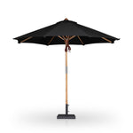 Featuring Baska Arashi Black Outdoor Round Umbrella by Four Hands at Amethyst Home. Inspired by the packable nature of 1800s campaign-style pieces, this outdoor umbrella features a teak pole and black canopy operated by a pulley system. Leather detailing and a woven rope cord offer subtle yet sophisticated finishes. Base sold separately. Cover or store indoors during inclement w. Amethyst Home provides interior design, new construction, custom furniture, and area rugs in the Los Angeles metro area