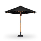 Featuring Baska Arashi Black Outdoor Round Umbrella by Four Hands at Amethyst Home. Inspired by the packable nature of 1800s campaign-style pieces, this outdoor umbrella features a teak pole and black canopy operated by a pulley system. Leather detailing and a woven rope cord offer subtle yet sophisticated finishes. Base sold separately. Cover or store indoors during inclement w. Amethyst Home provides interior design, new construction, custom furniture, and area rugs in the Los Angeles metro area