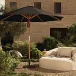 Featuring Baska Arashi Black Outdoor Round Umbrella by Four Hands at Amethyst Home. Inspired by the packable nature of 1800s campaign-style pieces, this outdoor umbrella features a teak pole and black canopy operated by a pulley system. Leather detailing and a woven rope cord offer subtle yet sophisticated finishes. Base sold separately. Cover or store indoors during inclement w. Amethyst Home provides interior design, new construction, custom furniture, and area rugs in the Los Angeles metro area