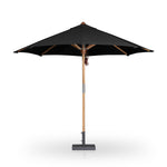 Featuring Baska Arashi Black Outdoor Round Umbrella by Four Hands at Amethyst Home. Inspired by the packable nature of 1800s campaign-style pieces, this outdoor umbrella features a teak pole and black canopy operated by a pulley system. Leather detailing and a woven rope cord offer subtle yet sophisticated finishes. Base sold separately. Cover or store indoors during inclement weat. Amethyst Home provides interior design, new construction, custom furniture, and area rugs in the Monterey metro area