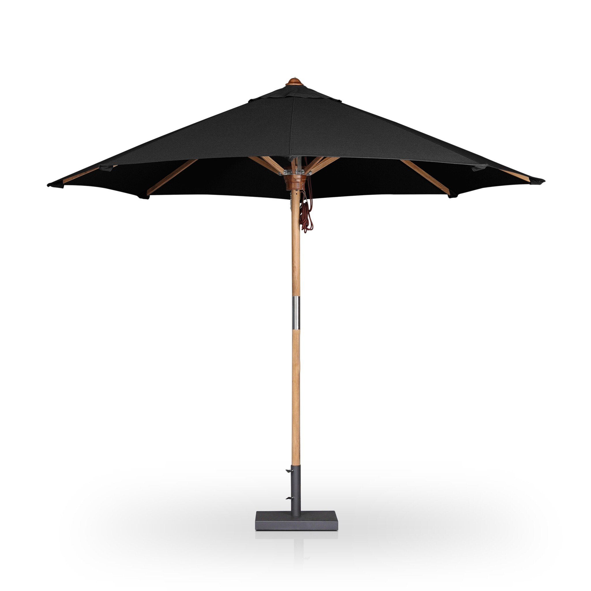 Featuring Baska Arashi Black Outdoor Round Umbrella by Four Hands at Amethyst Home. Inspired by the packable nature of 1800s campaign-style pieces, this outdoor umbrella features a teak pole and black canopy operated by a pulley system. Leather detailing and a woven rope cord offer subtle yet sophisticated finishes. Base sold separately. Cover or store indoors during inclement weat. Amethyst Home provides interior design, new construction, custom furniture, and area rugs in the Monterey metro area
