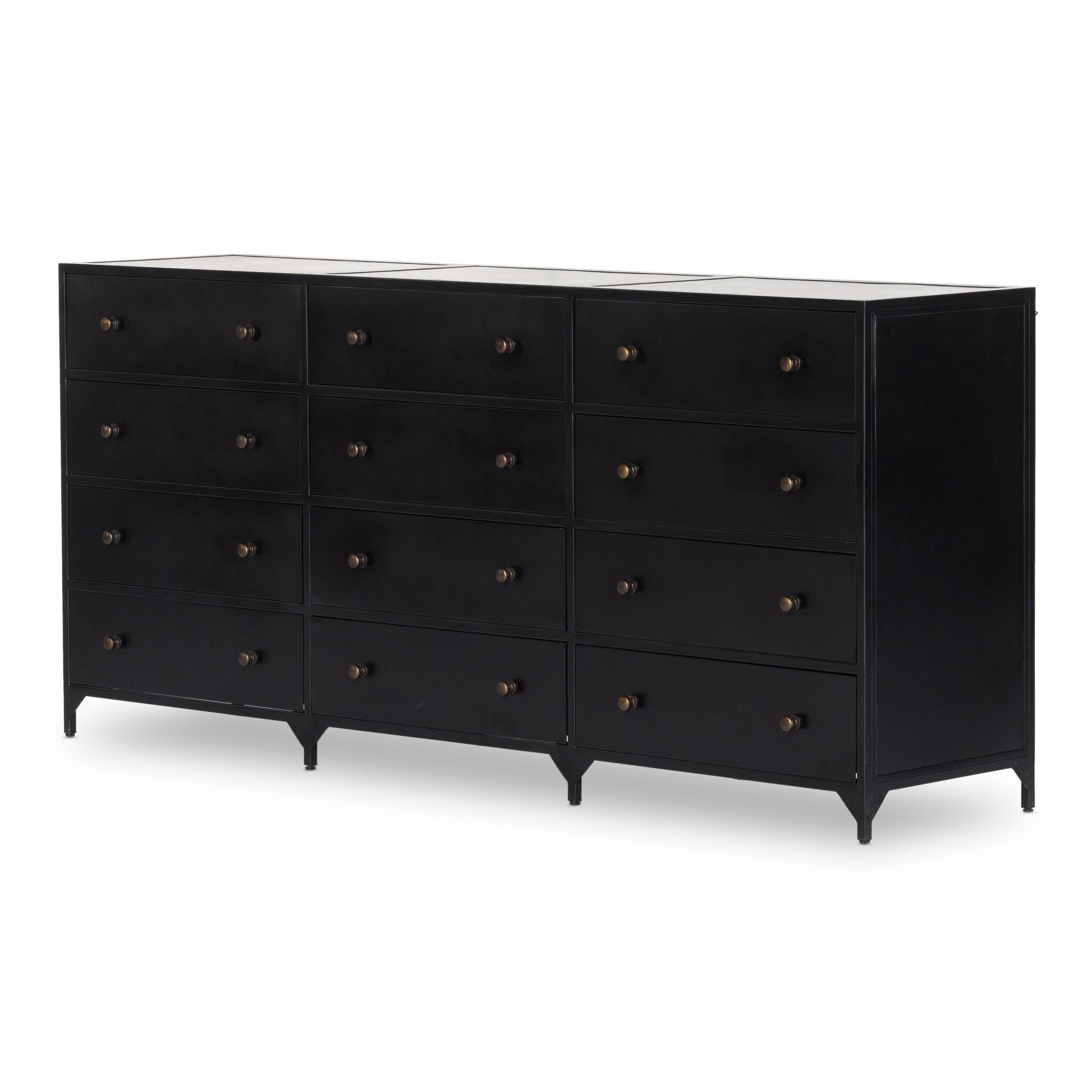 Featuring Belmont Black 12 Drawer Dresser by Four Hands at Amethyst Home. Industrial-inspired, black-finished iron forms a wide and roomy twelve-drawer dresser, with bronzed knobs for contrast.Overall Dimensions: 85.00"w x 19.75"d x 38.50"hWeight : 401.24 lbsMaterials : Iron. Amethyst Home provides interior design, new construction, custom furniture, and area rugs in the Portland metro area