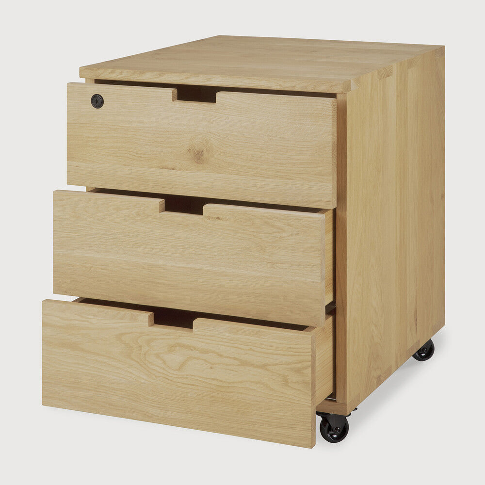 Featuring Billy Varnished Oak Drawer Unit by Ethnicraft at Amethyst Home. Organise your work space with the Billy drawer unit in solid oak. It features three soft-closing drawers and easy access thanks to the handy wheels. On its own or under a desk, it is the simple staple every office needs.Weight : 75 lb Dimensions: 22.5 in W x 20 in L x 24.5 in HBrushed : NoCollection : BillyFinis. Amethyst Home provides interior design, new construction, custom furniture, and area rugs in the Miami metro area