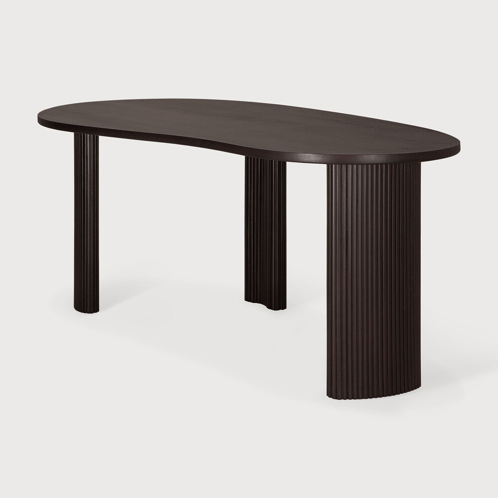 Featuring Boomerang Mahogany Dark Brown Desk by Ethnicraft at Amethyst Home. Inspired by shapes found in nature, the Boomerang collection features a playful, pebble top set on curved legs with a stacked, wood stick effect. The Boomerang desk is a statement piece for any workspace with its organic, eye-catching design unique for the office.Weight : 91 lbs Dimensions: 39.5" W x 79" . Amethyst Home provides interior design, new construction, custom furniture, and area rugs in the San Diego metro area