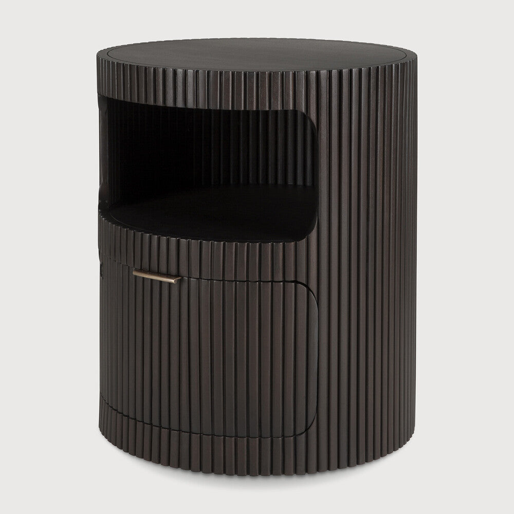 Featuring Boomerang Mahogany Dark Brown Drawer Unit by Ethnicraft at Amethyst Home. Inspired by shapes found in nature, the Boomerang collection features a playful, pebble top set on curved legs with a stacked, wood stick effect. Featuring hand-carved details and the practicality of wheels, the Boomerang drawer unit can serve many purposes, fitting perfectly under a desk for extra. Amethyst Home provides interior design, new construction, custom furniture, and area rugs in the Calabasas metro area