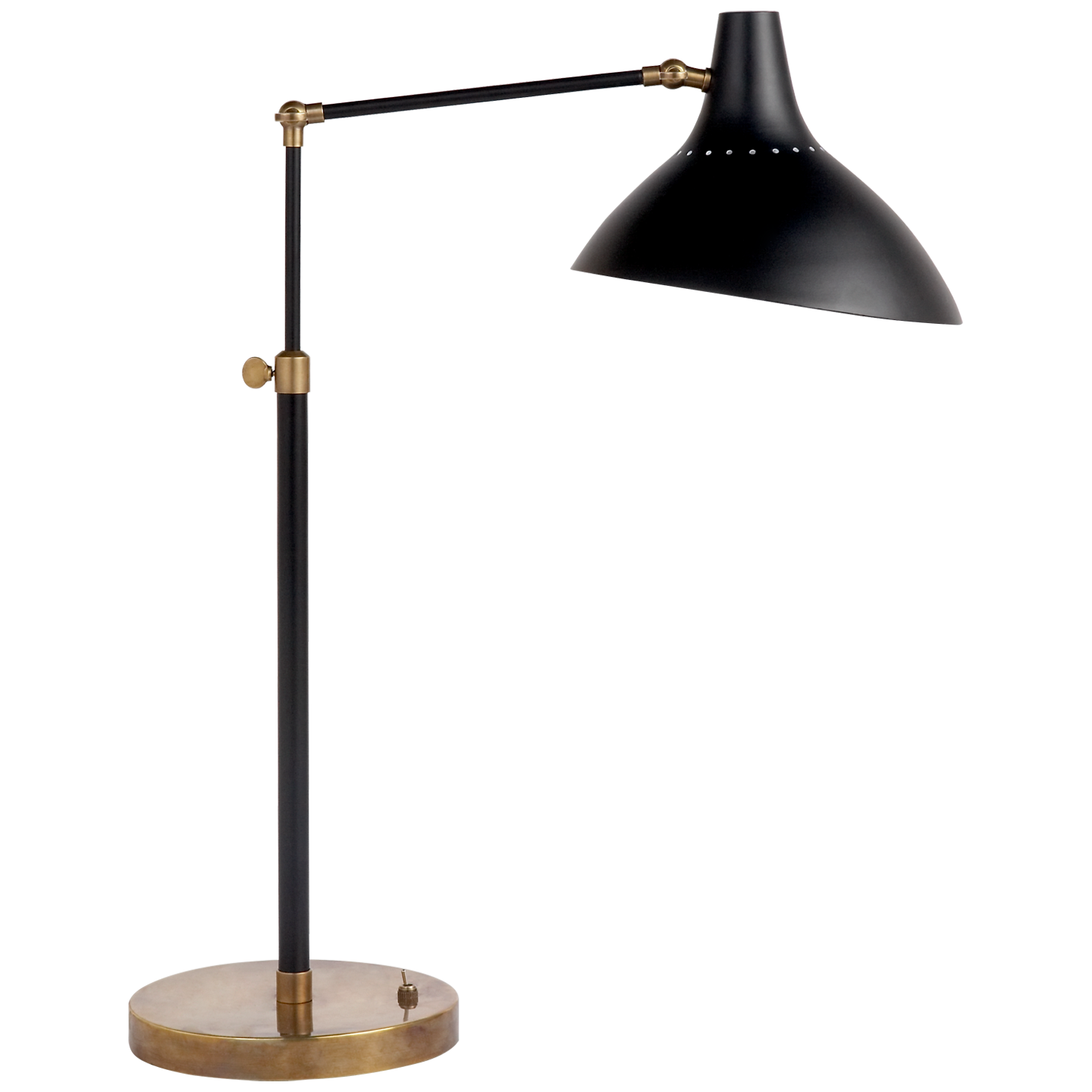 Featuring Charlton Table Lamp Black and Brass by Visual Comfort at Amethyst Home. The Charlton by AERIN delivers both practicality and elegance. The functional pieces illuminate walls, floors, or ceilings and offer limitless angles of illumination thanks to extended arms that can bend and reach as needed. Pivoting, curved shades can be customized with several brass or matte fi. Amethyst Home provides interior design, new construction, custom furniture, and area rugs in the Winter Garden metro area