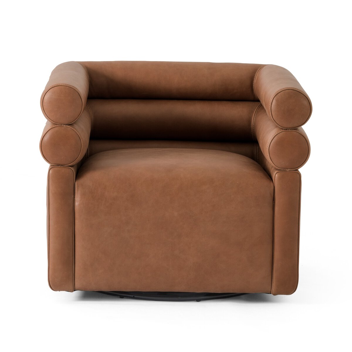 Featuring Evie Palermo Cognac Swivel Chair by Four Hands at Amethyst Home. Atop a 360-degree swivel, cleanly shaped seating is upholstered in cognac-colored top-grain leather.Overall Dimensions: 32.25"w x 30.00"d x 26.75"hWeight : 87.08 lbsMaterials : Top Grain Leather, Poplar Plywood, 100% Polyester. Amethyst Home provides interior design, new construction, custom furniture, and area rugs in the Boston metro area