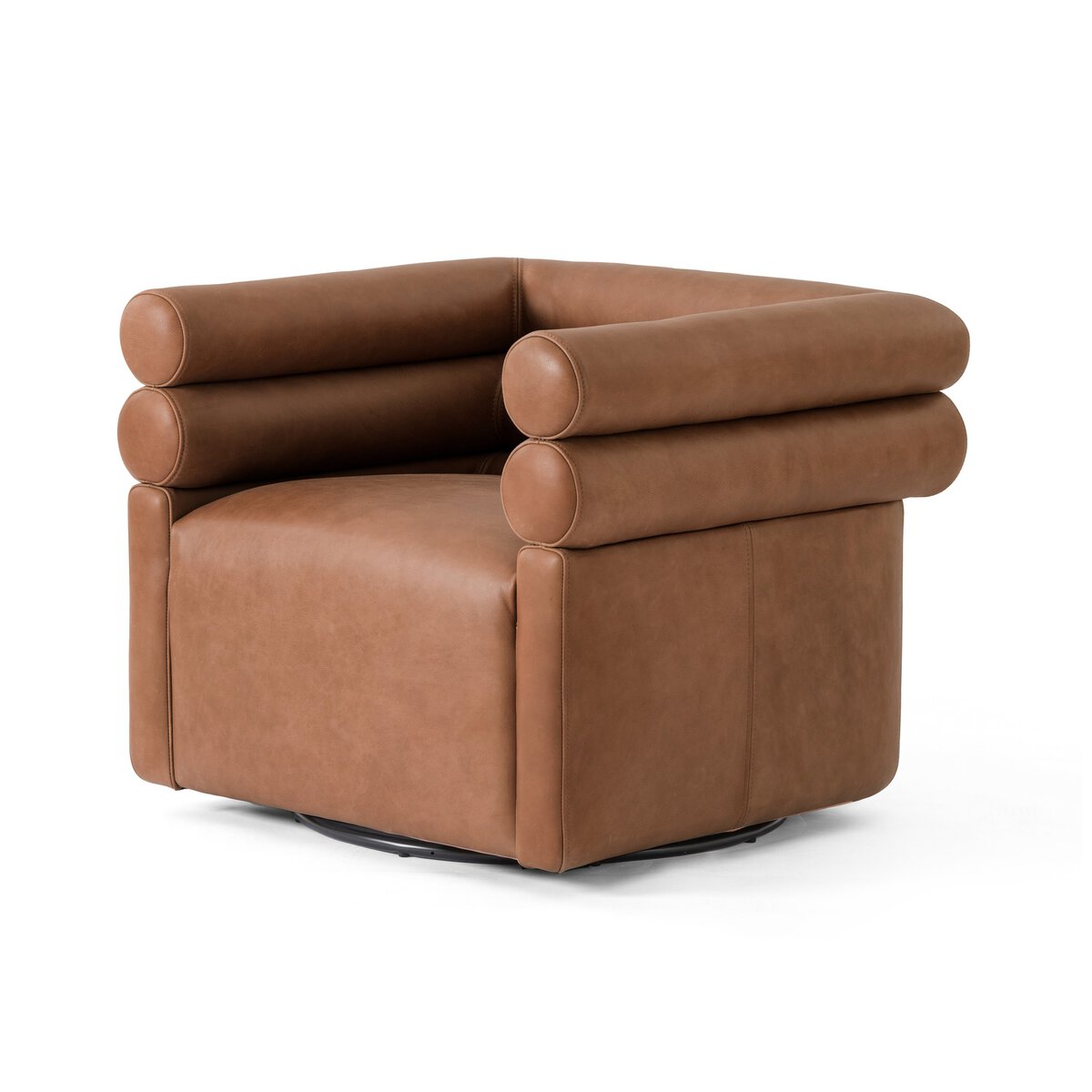 Featuring Evie Palermo Cognac Swivel Chair by Four Hands at Amethyst Home. Atop a 360-degree swivel, cleanly shaped seating is upholstered in cognac-colored top-grain leather.Overall Dimensions: 32.25"w x 30.00"d x 26.75"hWeight : 87.08 lbsMaterials : Top Grain Leather, Poplar Plywood, 100% Polyester. Amethyst Home provides interior design, new construction, custom furniture, and area rugs in the Monterey metro area