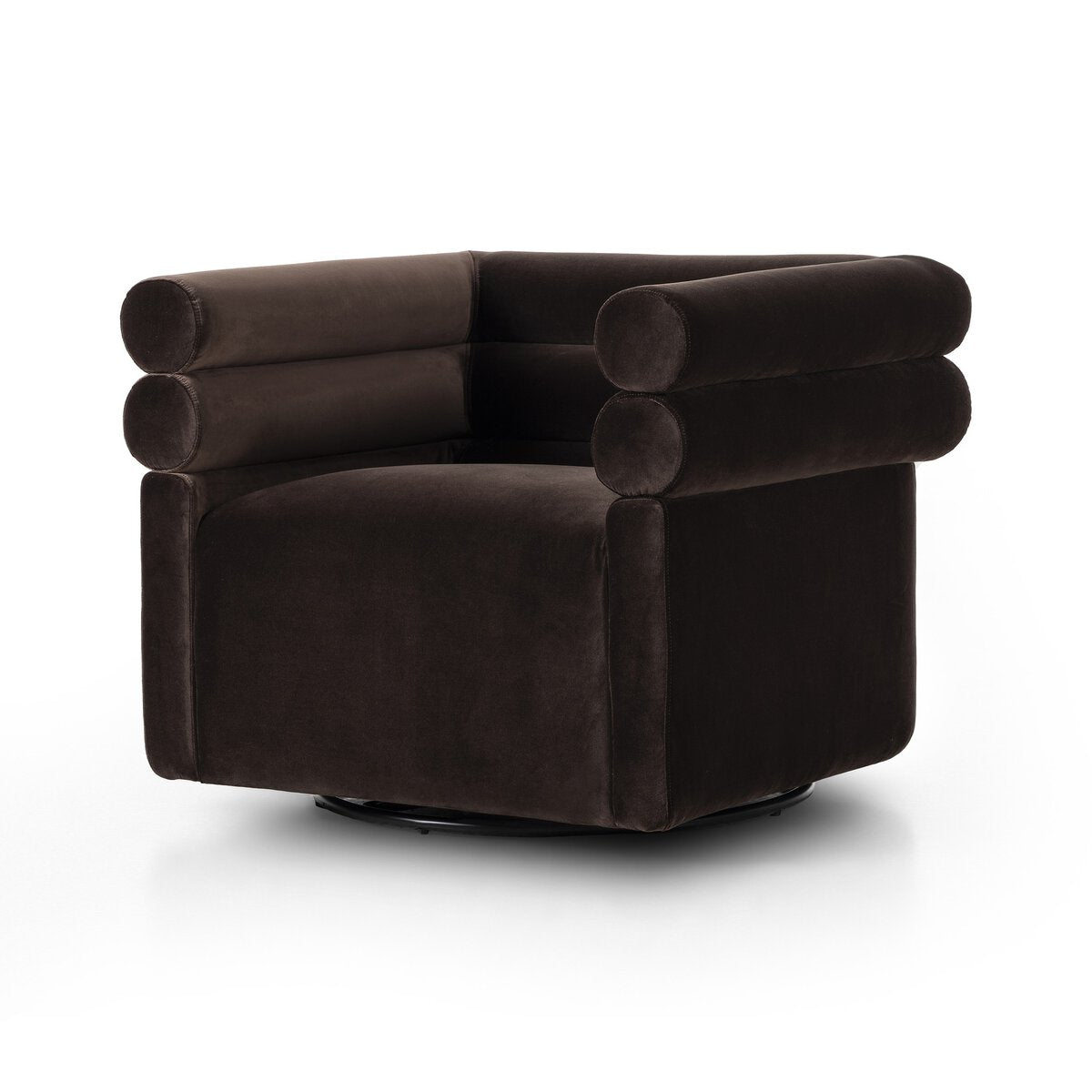 Featuring Evie Surrey Cocoa Swivel Chair by Four Hands at Amethyst Home. Atop a 360-degree swivel, cleanly shaped seating is upholstered in cognac-colored top-grain leather.Overall Dimensions: 32.25"w x 30.00"d x 26.75"hWeight : 87.08 lbsMaterials : 76.8% Cotton, 23.2% Polyester, Poplar Plywood, 100% Polyester. Amethyst Home provides interior design, new construction, custom furniture, and area rugs in the Nashville metro area
