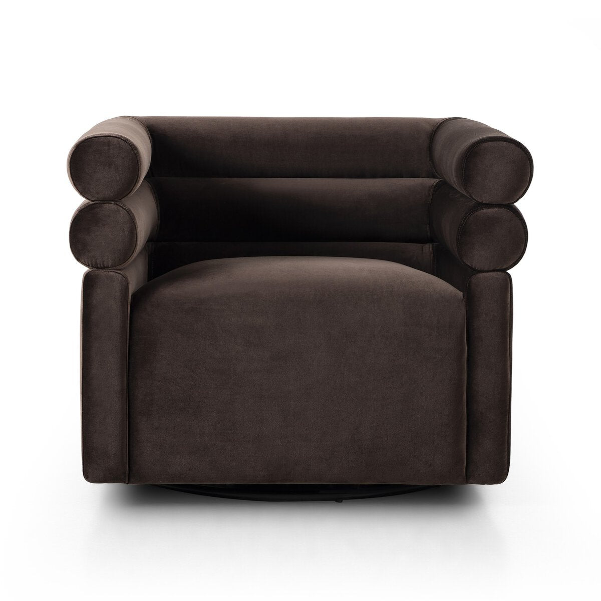 Featuring Evie Surrey Cocoa Swivel Chair by Four Hands at Amethyst Home. Atop a 360-degree swivel, cleanly shaped seating is upholstered in cognac-colored top-grain leather.Overall Dimensions: 32.25"w x 30.00"d x 26.75"hWeight : 87.08 lbsMaterials : 76.8% Cotton, 23.2% Polyester, Poplar Plywood, 100% Polyester. Amethyst Home provides interior design, new construction, custom furniture, and area rugs in the Tampa metro area