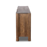 Featuring Ezri Cocoa Oak Sideboard by Four Hands at Amethyst Home. Grain and character variation within a solid oak finish give this sideboard organic visual interest. The carved design and floor-to-top cylinder legs give a primitive look that balances the movement of the wood pattern.Overall Dimensions: 98.00"w x 18.00"d x 34.00"hWeight : 245.38 lbsMaterials : Solid Oak. Amethyst Home provides interior design, new construction, custom furniture, and area rugs in the Scottsdale metro area