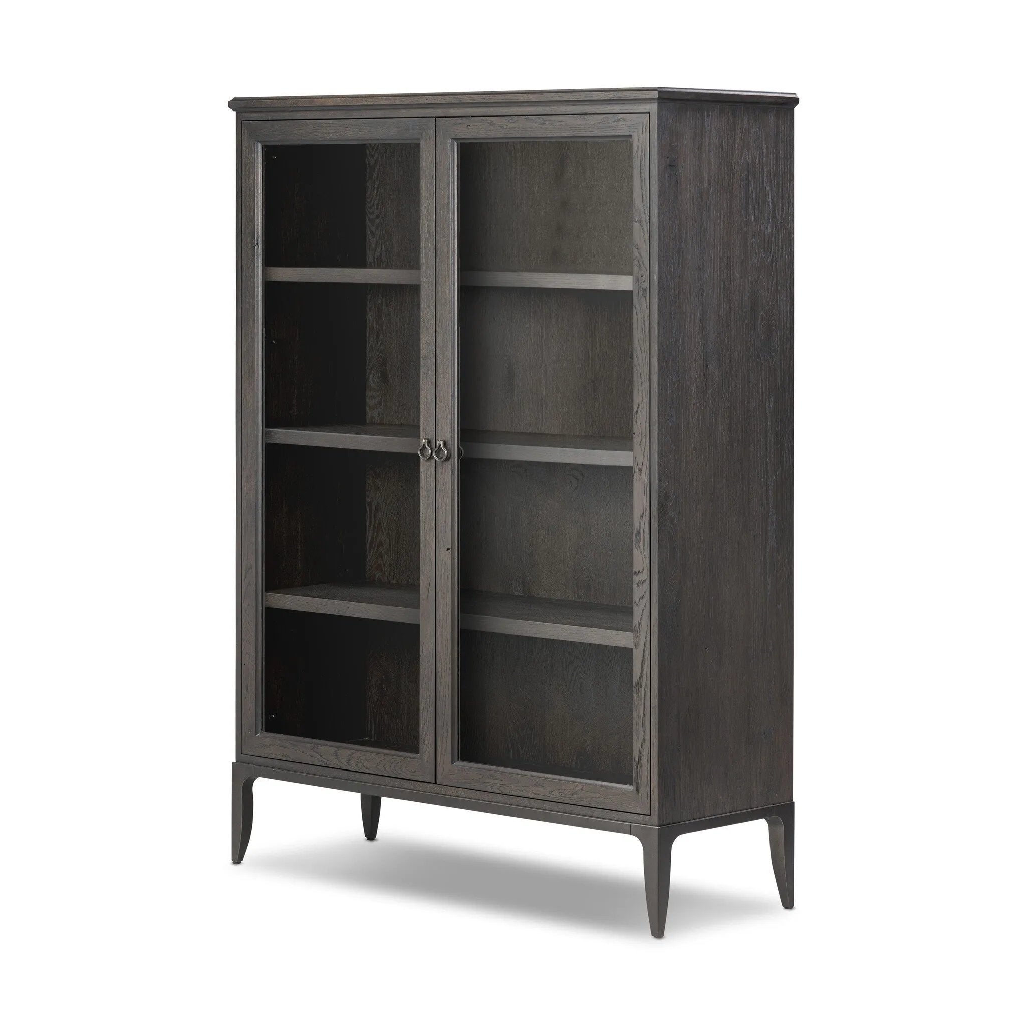 Baroque-period detailing gives this oak cabinet its  classic look. Made from black oak with a metal base and ring pulls, as well as cabriole-like legs to soften the lines Amethyst Home provides interior design, new home construction design consulting, vintage area rugs, and lighting in the Los Angeles metro area.