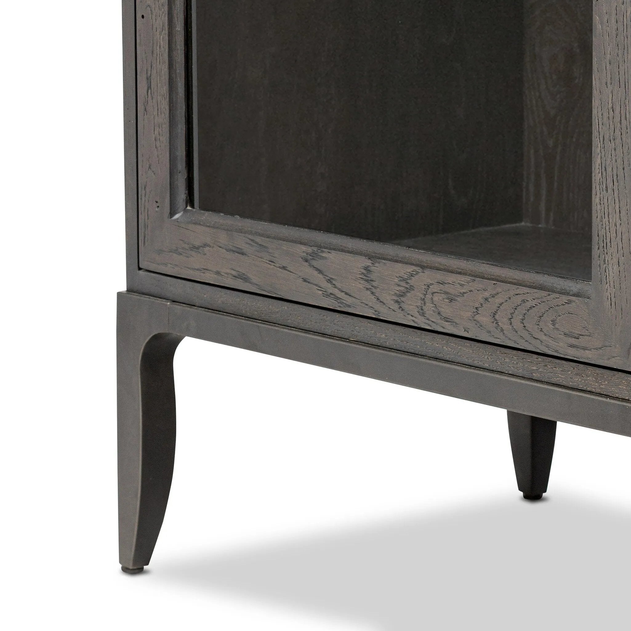 Baroque-period detailing gives this oak cabinet its  classic look. Made from black oak with a metal base and ring pulls, as well as cabriole-like legs to soften the lines Amethyst Home provides interior design, new home construction design consulting, vintage area rugs, and lighting in the Omaha metro area.