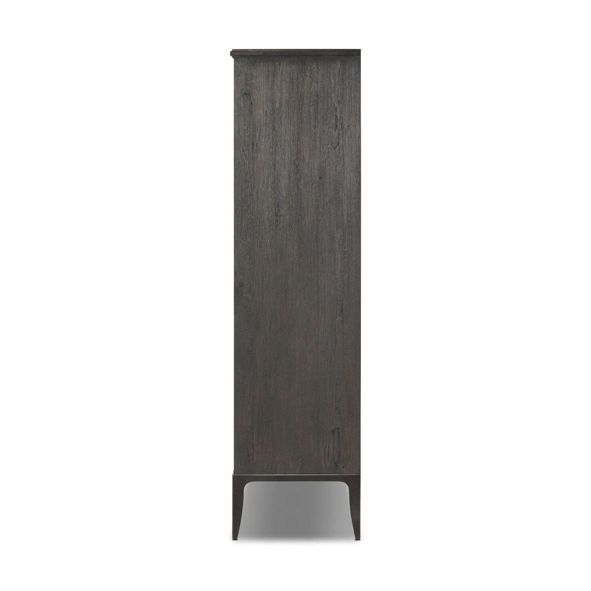 Baroque-period detailing gives this oak cabinet its  classic look. Made from black oak with a metal base and ring pulls, as well as cabriole-like legs to soften the lines Amethyst Home provides interior design, new home construction design consulting, vintage area rugs, and lighting in the Tampa metro area.