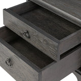 Baroque-period detailing gives this oak desk its  classic look. Made from worn black oak with metal ring pulls on its four drawers, as well as cabriole-like legs to soften the lines Amethyst Home provides interior design, new home construction design consulting, vintage area rugs, and lighting in the Dallas metro area.