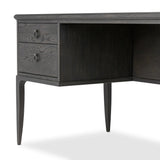 Baroque-period detailing gives this oak desk its  classic look. Made from worn black oak with metal ring pulls on its four drawers, as well as cabriole-like legs to soften the lines Amethyst Home provides interior design, new home construction design consulting, vintage area rugs, and lighting in the Los Angeles metro area.