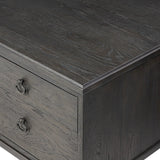 Baroque-period detailing gives this oak desk its  classic look. Made from worn black oak with metal ring pulls on its four drawers, as well as cabriole-like legs to soften the lines Amethyst Home provides interior design, new home construction design consulting, vintage area rugs, and lighting in the Portland metro area.