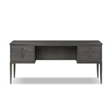 Baroque-period detailing gives this oak desk its  classic look. Made from worn black oak with metal ring pulls on its four drawers, as well as cabriole-like legs to soften the lines Amethyst Home provides interior design, new home construction design consulting, vintage area rugs, and lighting in the Salt Lake City metro area.