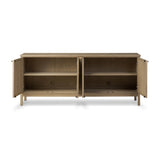Featuring Alessio Aged Natural Oak Veneer Sideboard by Four Hands at Amethyst Home. An aged finish plays up oak's natural wood grain, while grid-like patterned doors bring dimension to clean lines. Interior shelving awaits storage of serveware, table linens and more.Overall Dimensions: 82.00"w x 20.00"d x 34.75"hWeight : 203.93 lbsMaterials: Thick Oak Vene. Amethyst Home provides interior design, new home construction design consulting, vintage area rugs, and lighting in the Des Moines metro area.