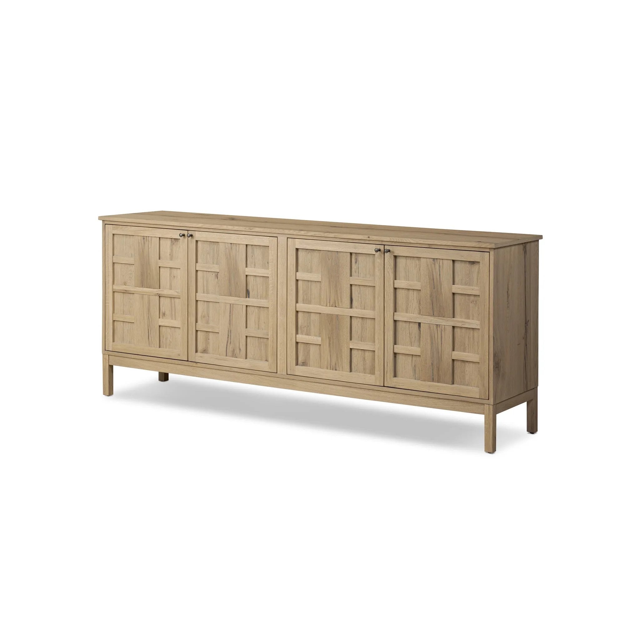 Featuring Alessio Aged Natural Oak Veneer Sideboard by Four Hands at Amethyst Home. An aged finish plays up oak's natural wood grain, while grid-like patterned doors bring dimension to clean lines. Interior shelving awaits storage of serveware, table linens and more.Overall Dimensions: 82.00"w x 20.00"d x 34.75"hWeight : 203.93 lbsMaterials: Thick Oak Venee. Amethyst Home provides interior design, new home construction design consulting, vintage area rugs, and lighting in the Nashville metro area.