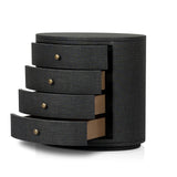 Featuring Amelia Black Linen Oval Nightstand by Four Hands at Amethyst Home. Uniquely made from black-painted linen, a beautifully curved nightstand shapes four drawers for generous bedside storage.Overall Dimensions: 26.00"w x 20.00"d x 24.00"hWeight : 87.08 lbsMaterials: Painted Linen, Engineered Hardwood. Amethyst Home provides interior design, new home construction design consulting, vintage area rugs, and lighting in the Calabasas metro area.