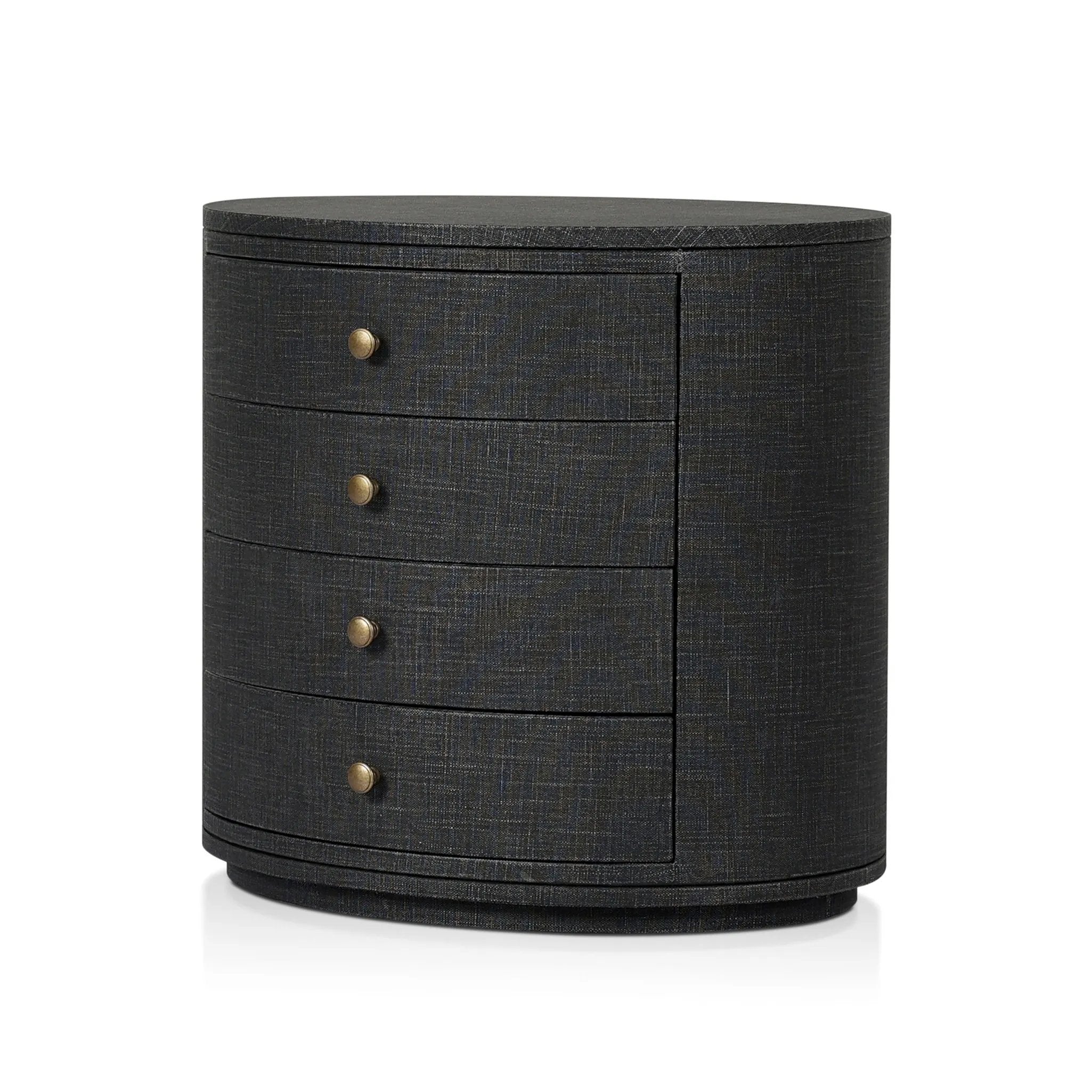 Featuring Amelia Black Linen Oval Nightstand by Four Hands at Amethyst Home. Uniquely made from black-painted linen, a beautifully curved nightstand shapes four drawers for generous bedside storage.Overall Dimensions: 26.00"w x 20.00"d x 24.00"hWeight : 87.08 lbsMaterials: Painted Linen, Engineered Hardwood. Amethyst Home provides interior design, new home construction design consulting, vintage area rugs, and lighting in the Park City metro area.