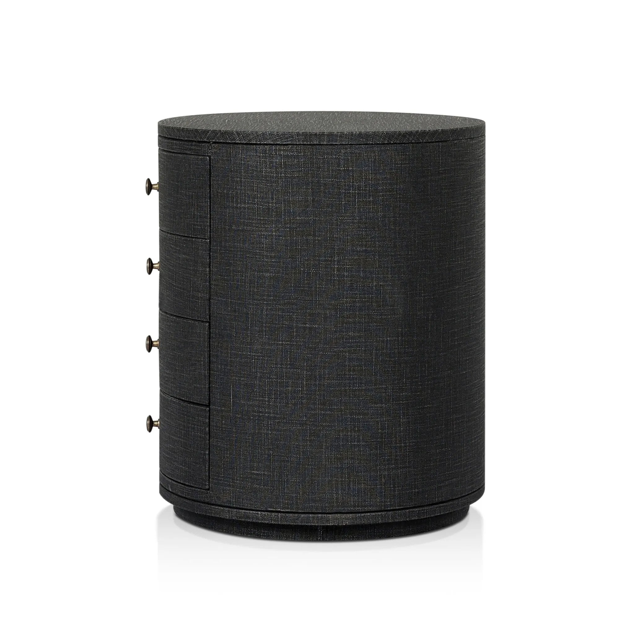 Featuring Amelia Black Linen Oval Nightstand by Four Hands at Amethyst Home. Uniquely made from black-painted linen, a beautifully curved nightstand shapes four drawers for generous bedside storage.Overall Dimensions: 26.00"w x 20.00"d x 24.00"hWeight : 87.08 lbsMaterials: Painted Linen, Engineered Hardwood. Amethyst Home provides interior design, new home construction design consulting, vintage area rugs, and lighting in the Salt Lake City metro area.