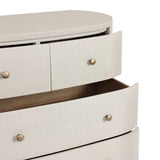 Uniquely made from ivory-painted linen, a beautifully curved drawer chest gives shape to generous storage for clothes, accessories and more Amethyst Home provides interior design, new home construction design consulting, vintage area rugs, and lighting in the Dallas metro area.