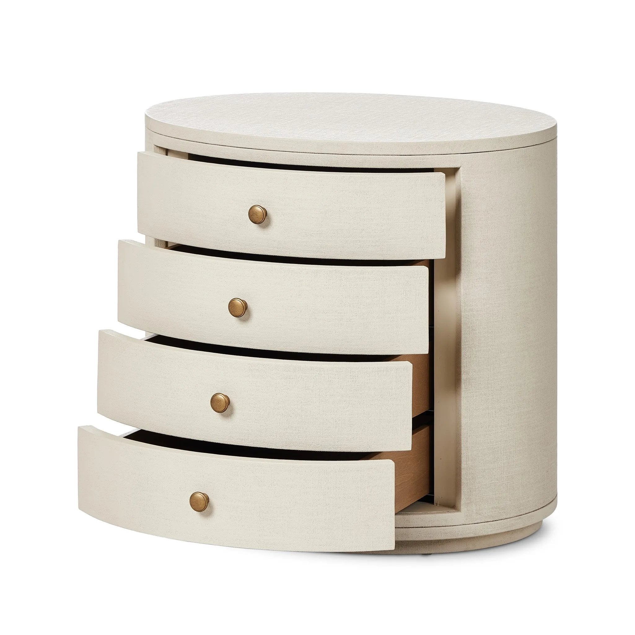 Featuring Amelia Ivory Painted Linen Oval Nightstand by Four Hands at Amethyst Home. Uniquely made from ivory-painted linen, a beautifully curved nightstand shapes four drawers for generous bedside storage.Overall Dimensions: 26.00"w x 20.00"d x 24.00"hWeight : 87.08 lbsMaterials: Painted Linen, Engineered Hardwood. Amethyst Home provides interior design, new home construction design consulting, vintage area rugs, and lighting in the Houston metro area.