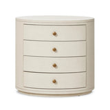 Featuring Amelia Ivory Painted Linen Oval Nightstand by Four Hands at Amethyst Home. Uniquely made from ivory-painted linen, a beautifully curved nightstand shapes four drawers for generous bedside storage.Overall Dimensions: 26.00"w x 20.00"d x 24.00"hWeight : 87.08 lbsMaterials: Painted Linen, Engineered Hardwood. Amethyst Home provides interior design, new home construction design consulting, vintage area rugs, and lighting in the Miami metro area.