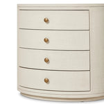 Featuring Amelia Ivory Painted Linen Oval Nightstand by Four Hands at Amethyst Home. Uniquely made from ivory-painted linen, a beautifully curved nightstand shapes four drawers for generous bedside storage.Overall Dimensions: 26.00"w x 20.00"d x 24.00"hWeight : 87.08 lbsMaterials: Painted Linen, Engineered Hardwood. Amethyst Home provides interior design, new home construction design consulting, vintage area rugs, and lighting in the Monterey metro area.